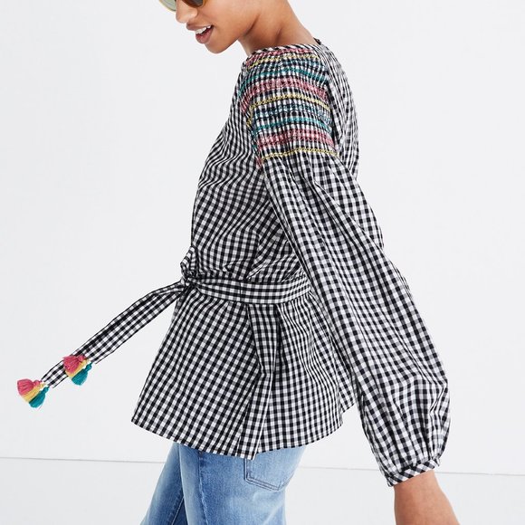 Madewell Smocked Gingham Top XXS Rainbow Stitching Tassel Belt Balloon Sleeve - Picture 7 of 8